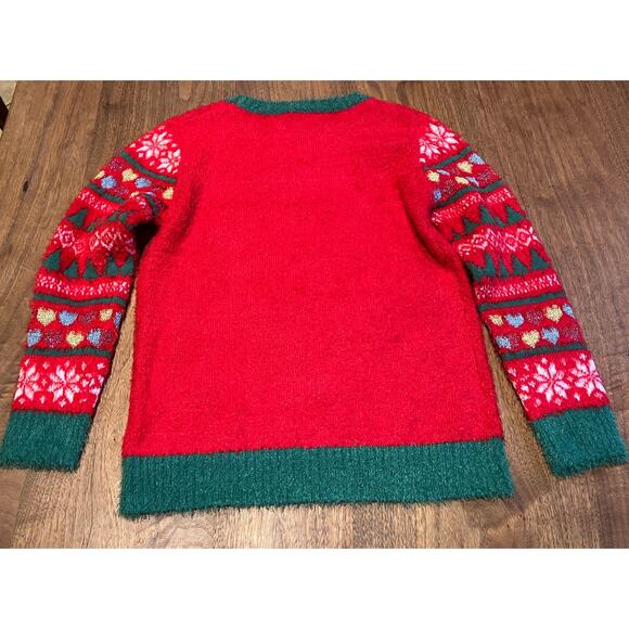 Girls Christmas Sweater L 10-12 Plus Red Reindeer Lights Ugly Xmas Holiday Time - Picture 3 of 7